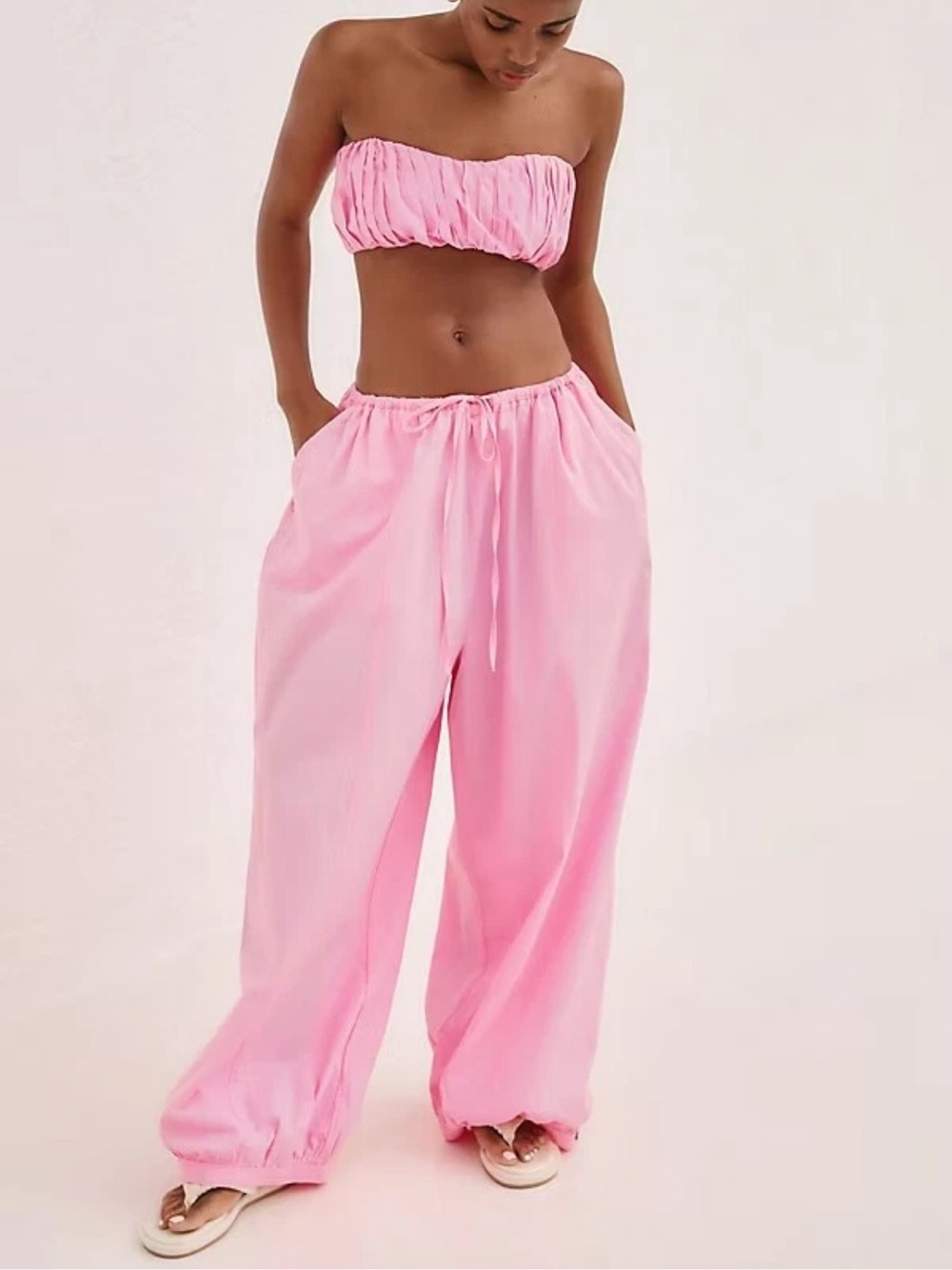 By Anthropologie Wide Leg Baggy Drawstring Pants XS Pink Cotton Festival Gypsy